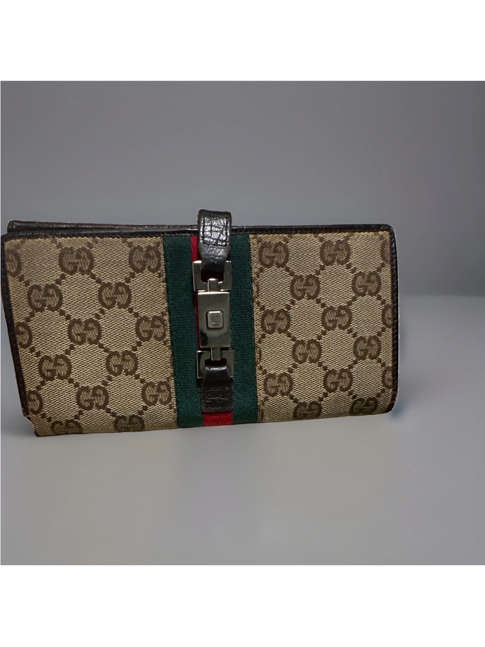Vintage Gucci GG Monogram Web Stripe Wallet Clutch Brown Red Green